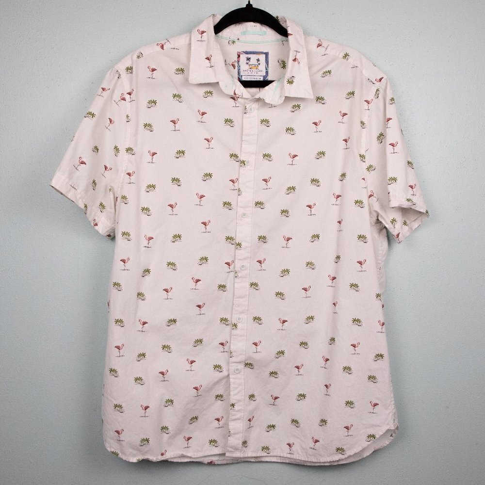 Denim & Flower flamingo & palm tree print button up shirt-XL